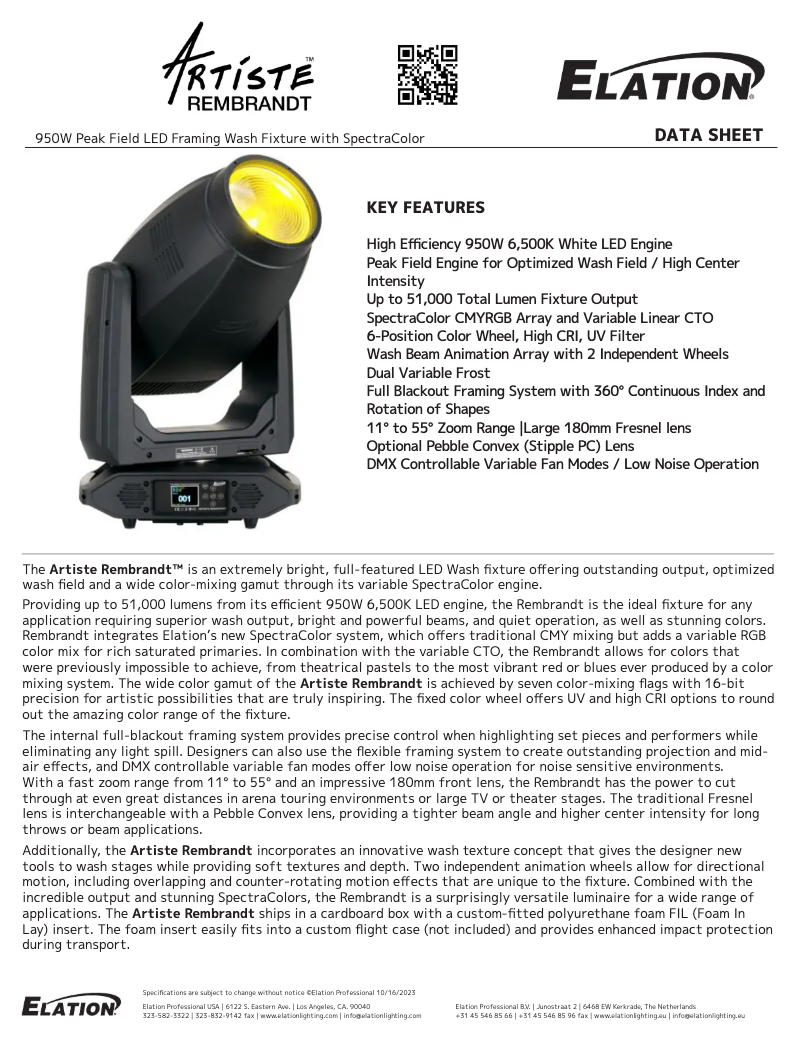Página 1 del manual Ficha técnica Elation Artiste Rembrandt