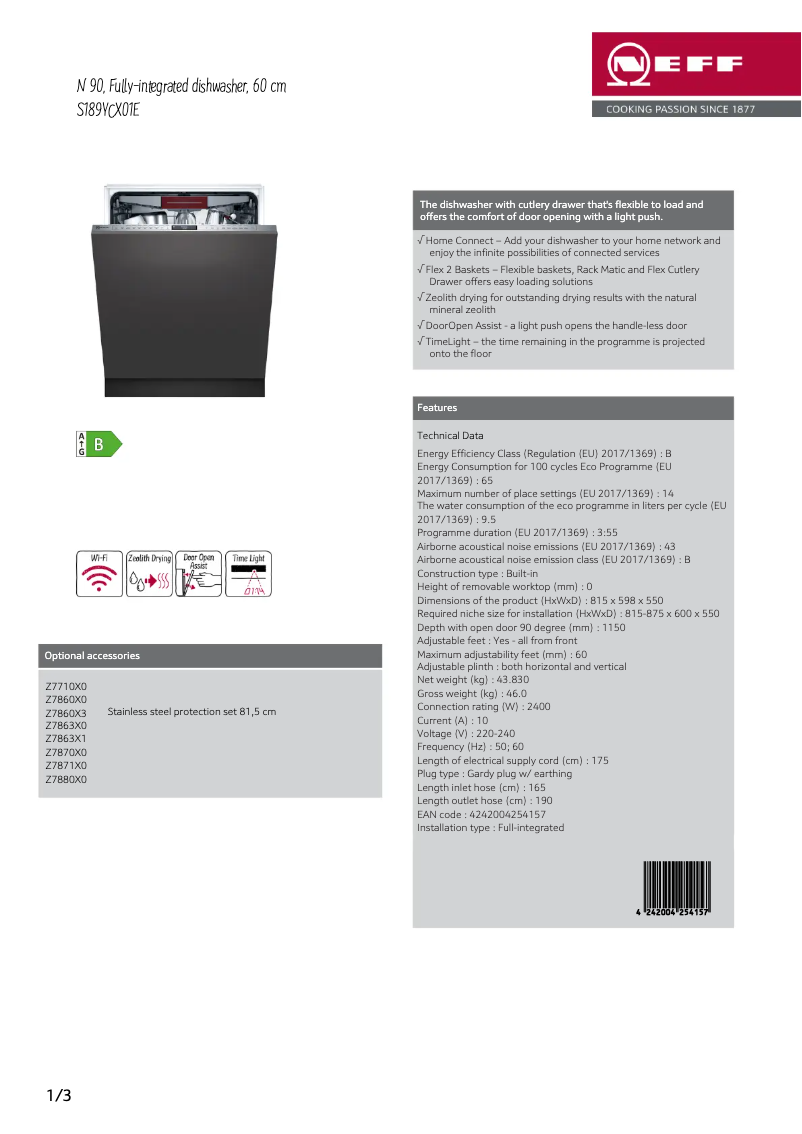 Page n°1 - Fiche technique Neff S189YCX01E