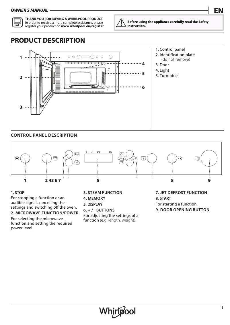 Page 1 de la notice Manuel d'utilisation et d'entretien Whirlpool AMW 404/IX
