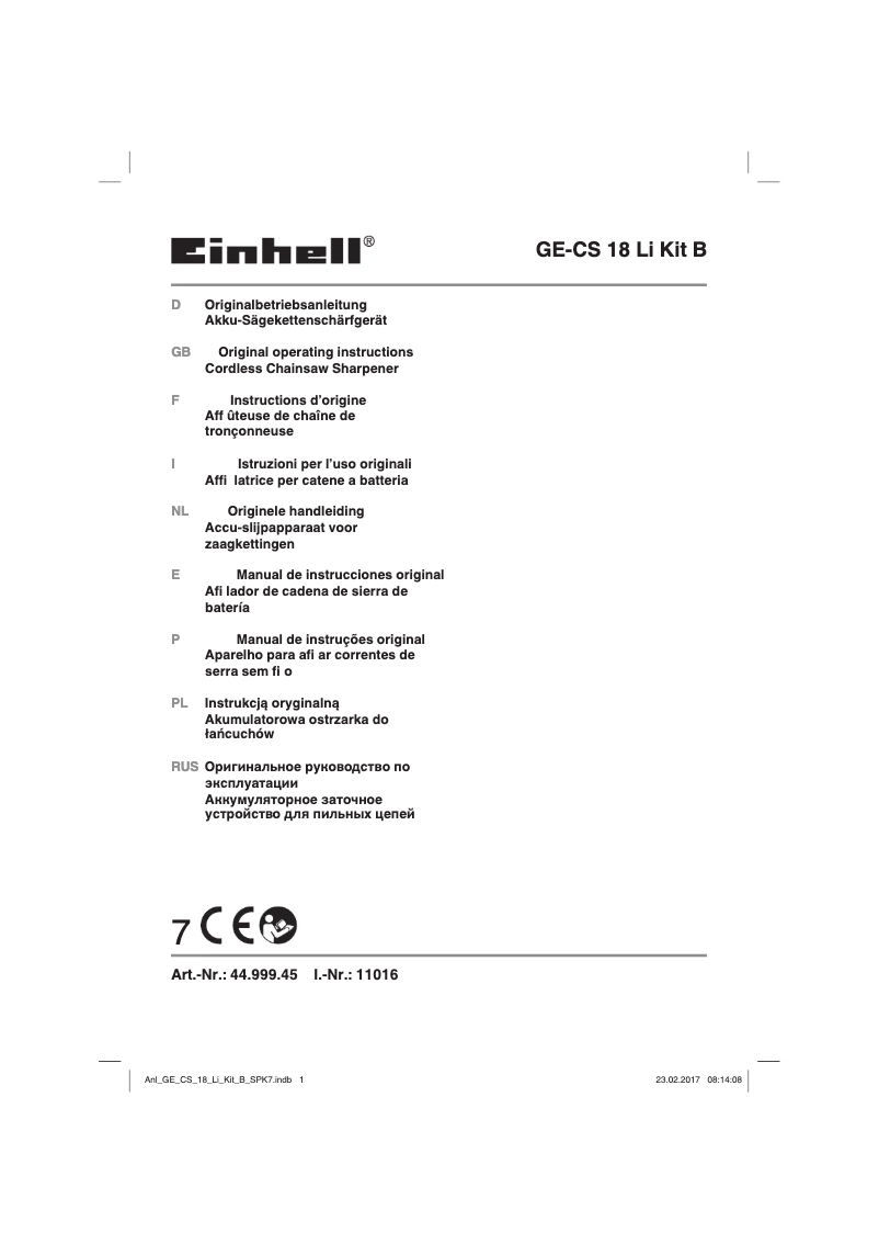 Page 1 de la notice Manuel utilisateur Einhell GE-CS 18 Li Kit B