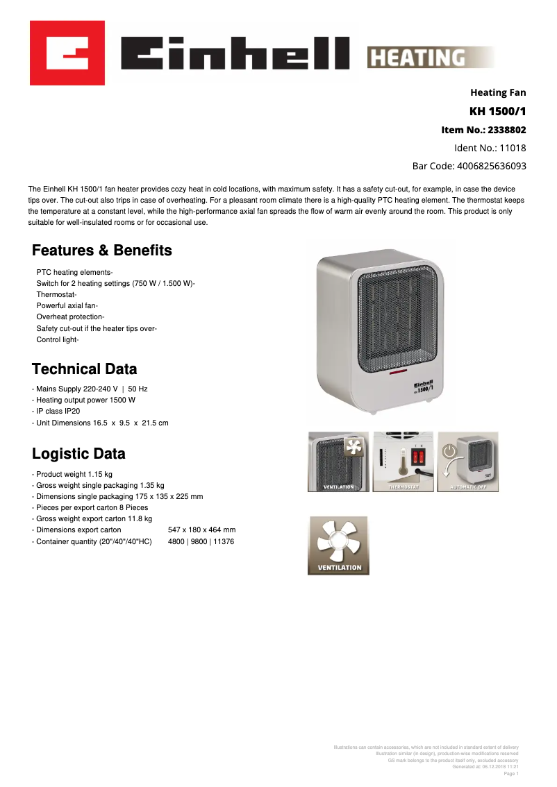 Page 1 de la notice Fiche technique Einhell KH 1500/1