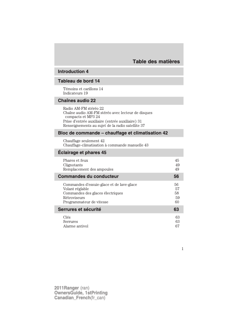 Page 1 de la notice Manuel utilisateur Ford Ranger (2011)