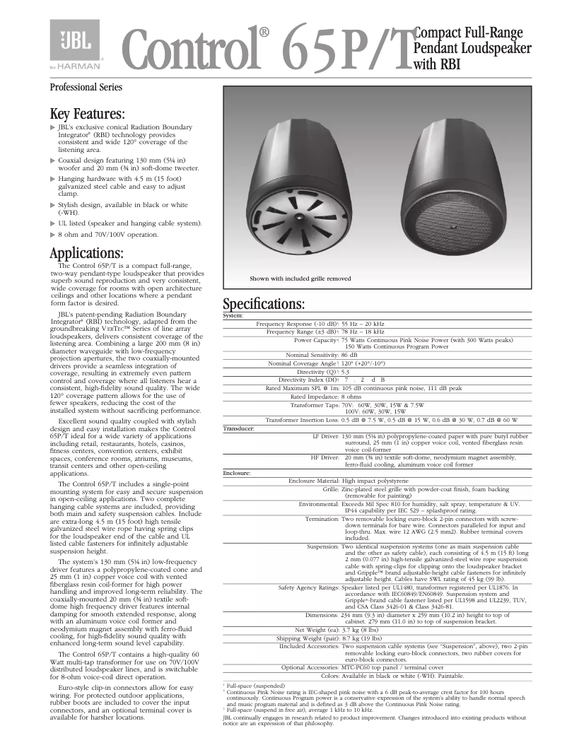 Page 1 de la notice Brochure JBL Control 65 P/T