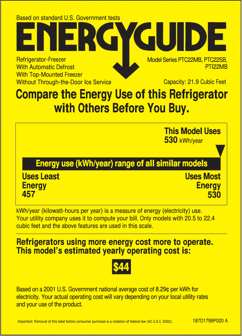 Page 1 de la notice Label énergétique GE Profile CustomStyle PTC22MBMLWW