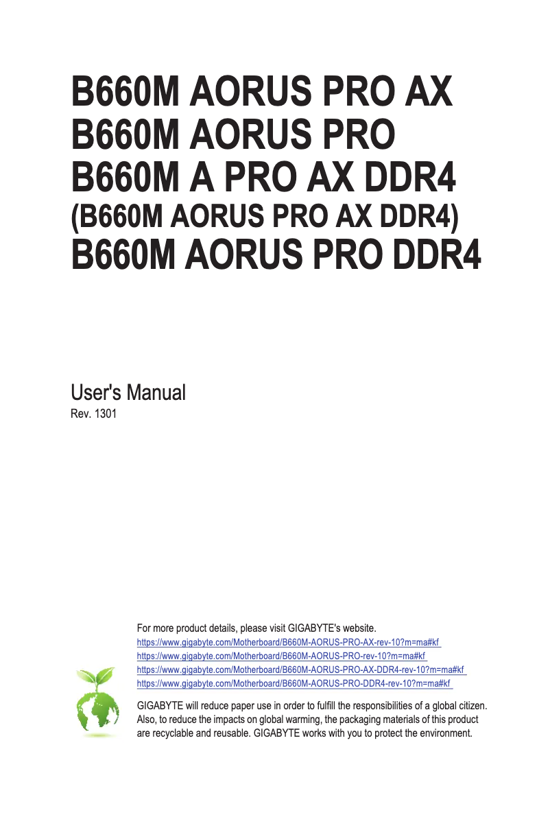 Page 1 de la notice Manuel utilisateur Gigabyte B660M Aorus Pro DDR4