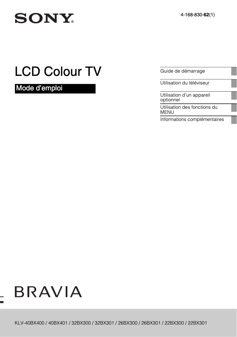Image de la première page du manuel de l'appareil Bravia KLV-40BX400
