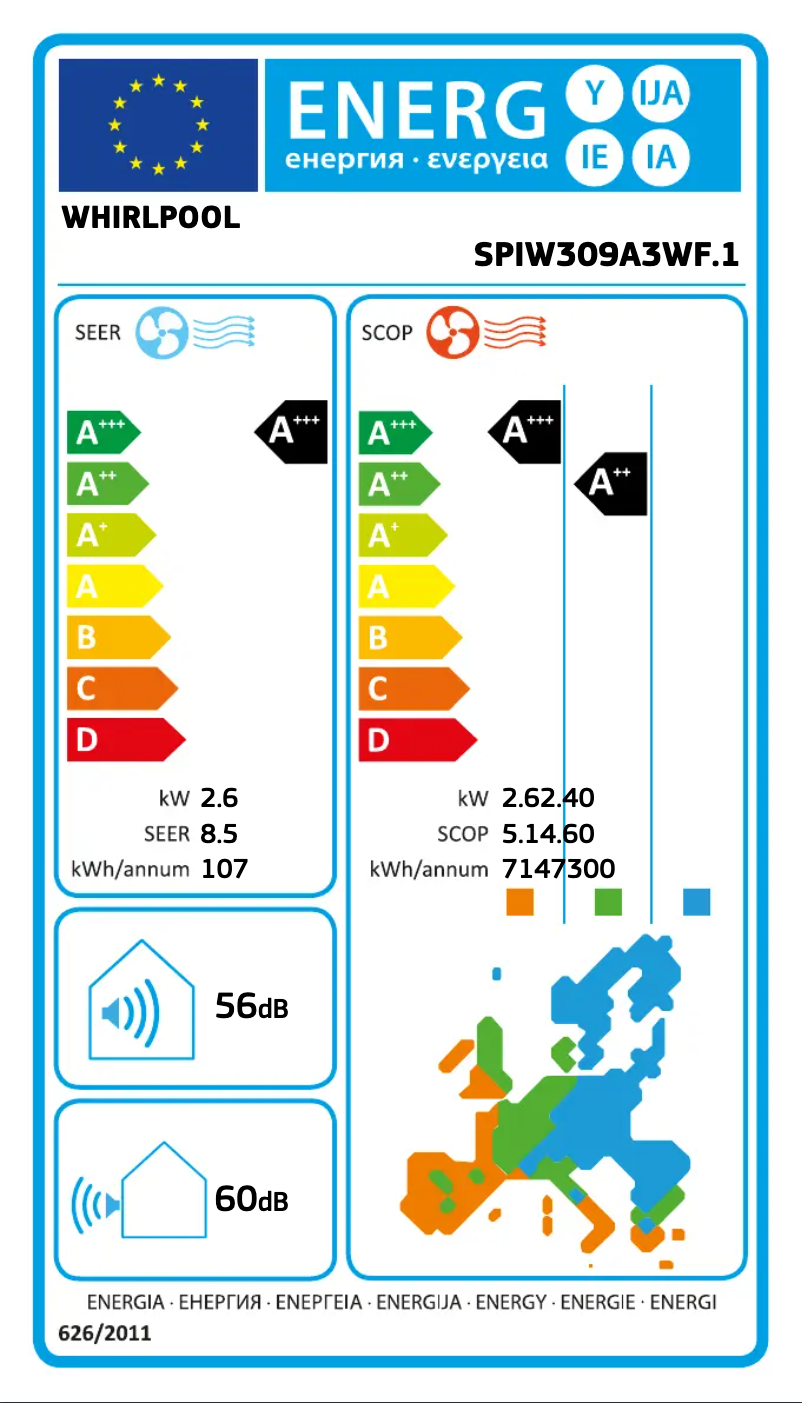 Page 1 de la notice Label énergétique Whirlpool SPIW309A3WF.1