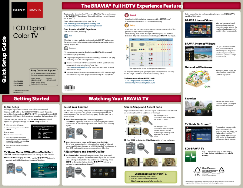 Page 1 de la notice Guide d'installation Sony Bravia KDL-52XBR9