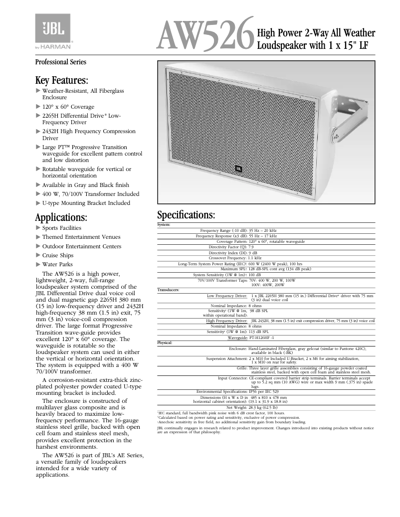 Page 1 de la notice Brochure JBL AW526