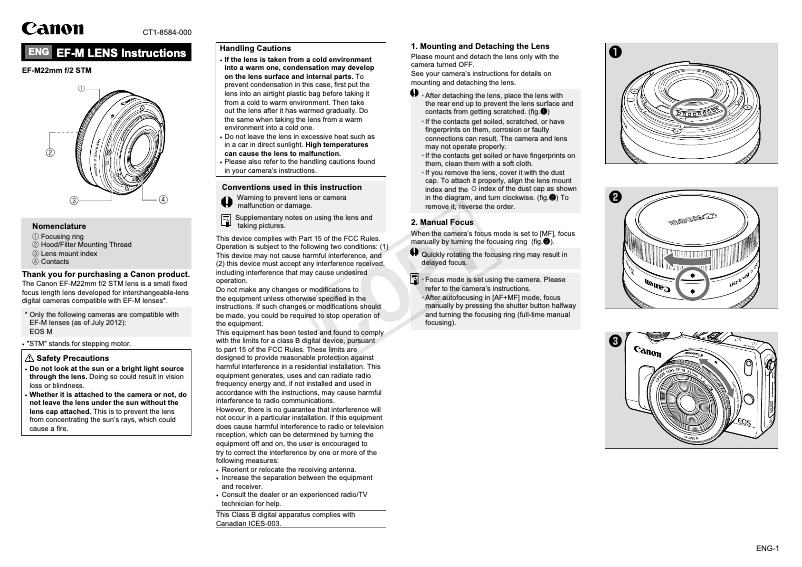 Page 1 de la notice Manuel utilisateur Canon EF-M22MM F2 STM