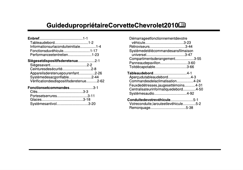 Page 1 de la notice Manuel utilisateur Chevrolet Corvette (2010)
