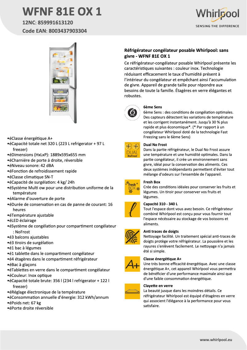 Page 1 de la notice Fiche technique Whirlpool WFNF 81E OX 1
