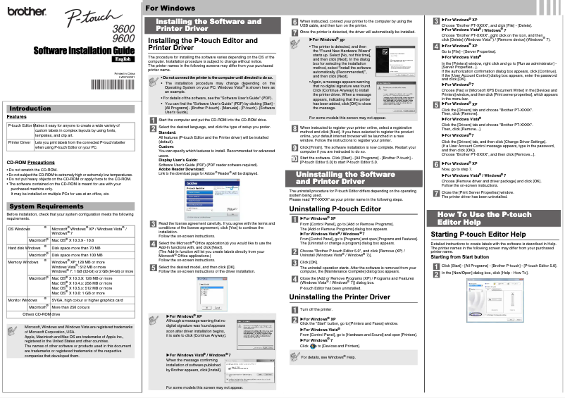Page 1 de la notice Guide d'installation Brother P-Touch PT-3600