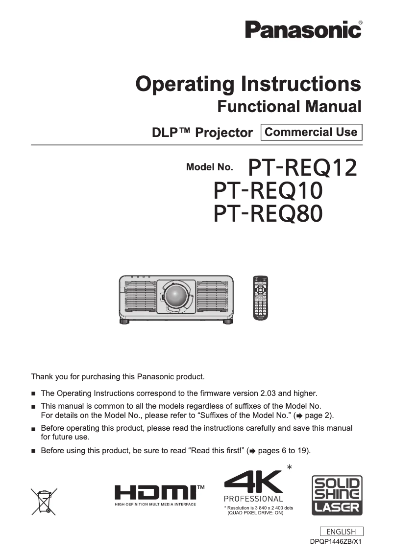 Page n°1 - Manuel utilisateur Panasonic PT-REQ12