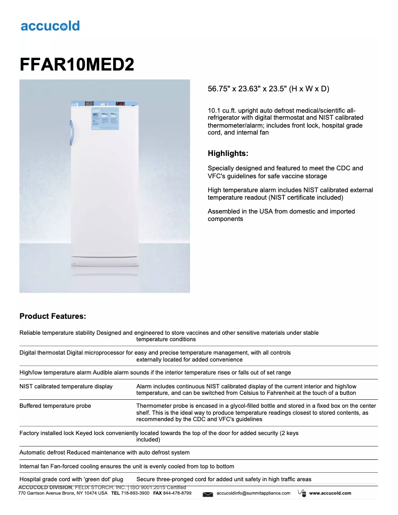 Page n°1 - Fiche technique Summit Accucold FFAR10MED2
