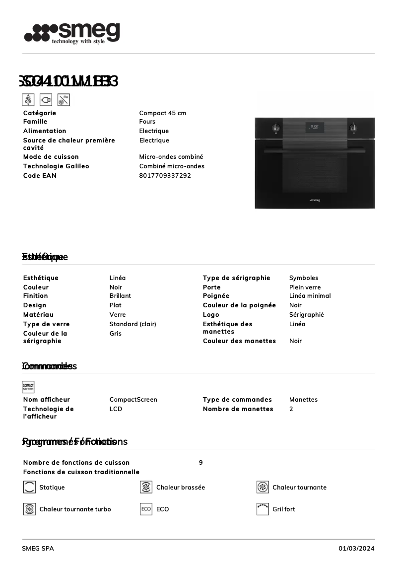 Page 1 de la notice Fiche technique Smeg SO4101M1B3