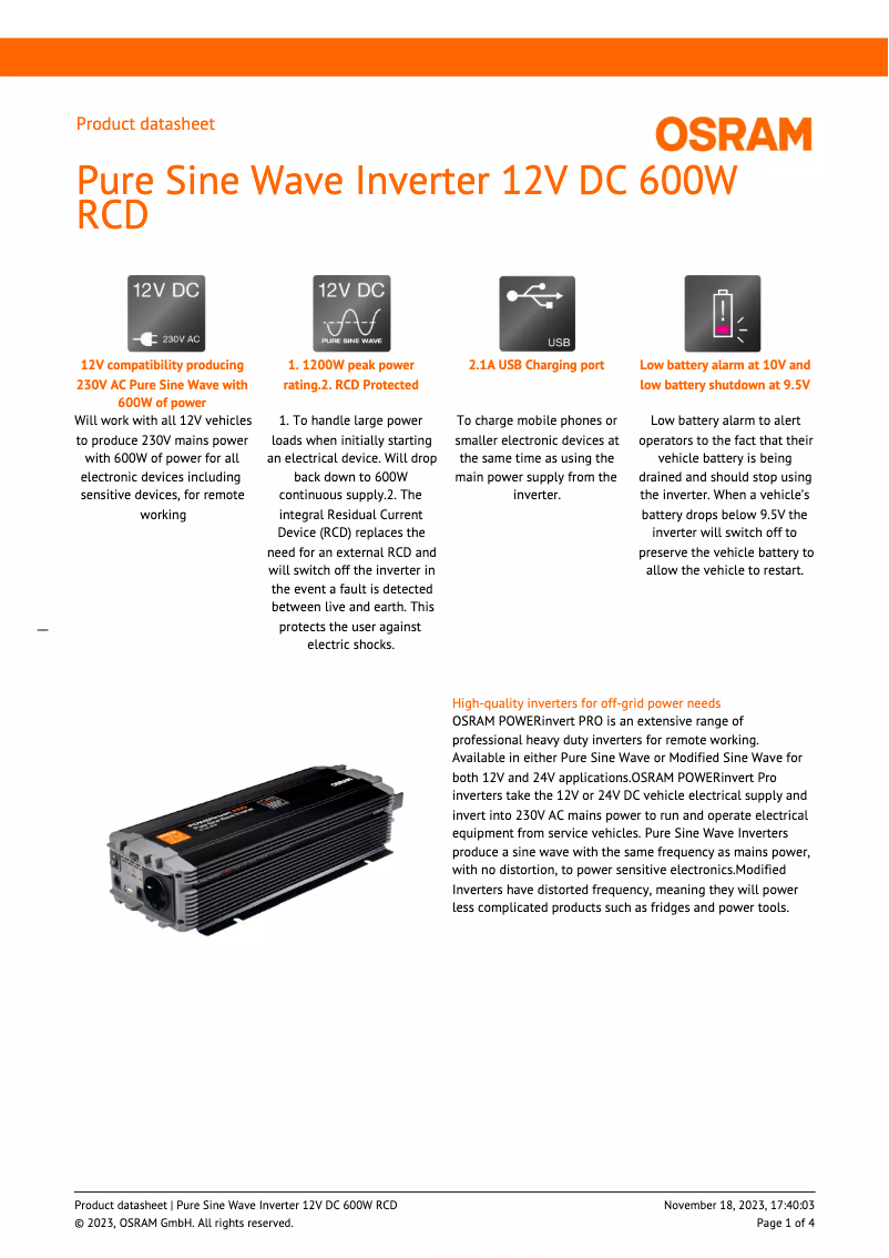 Page n°1 - Fiche technique Osram Pure Sine Wave 12V DC 600W RCD