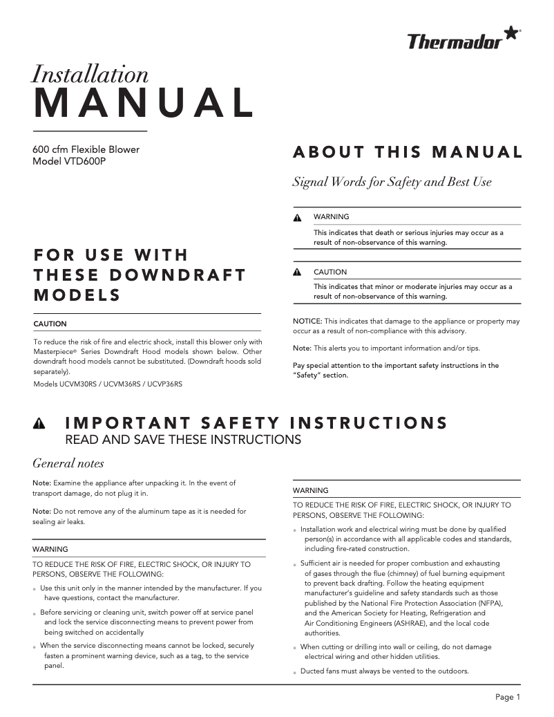 Page 1 de la notice Guide d'installation Thermador VTD600P