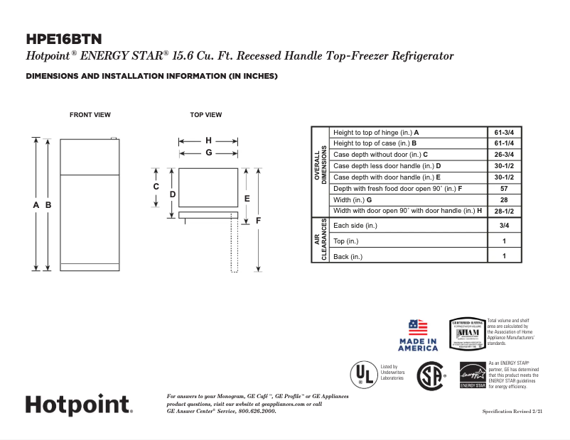 Page 1 de la notice Fiche technique Hotpoint HPE16BTNRWW