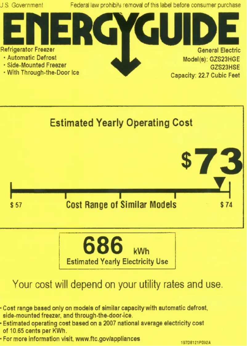 Page 1 de la notice Label énergétique GE GZS23HSESS