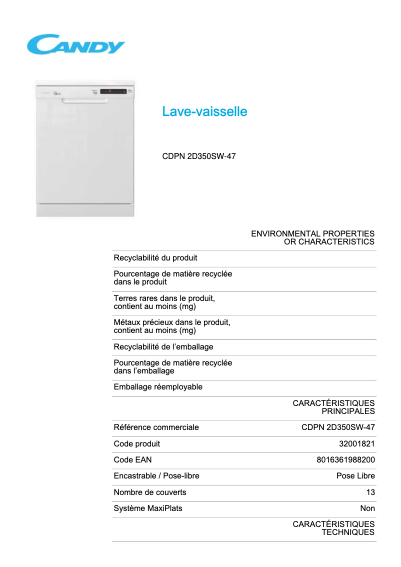 Page n°1 - Fiche technique Candy CDPN 2D350SW-47