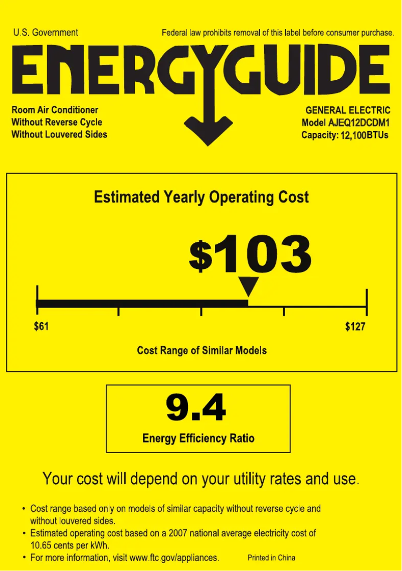 Page n°1 - Label énergétique GE AJEQ12DCD