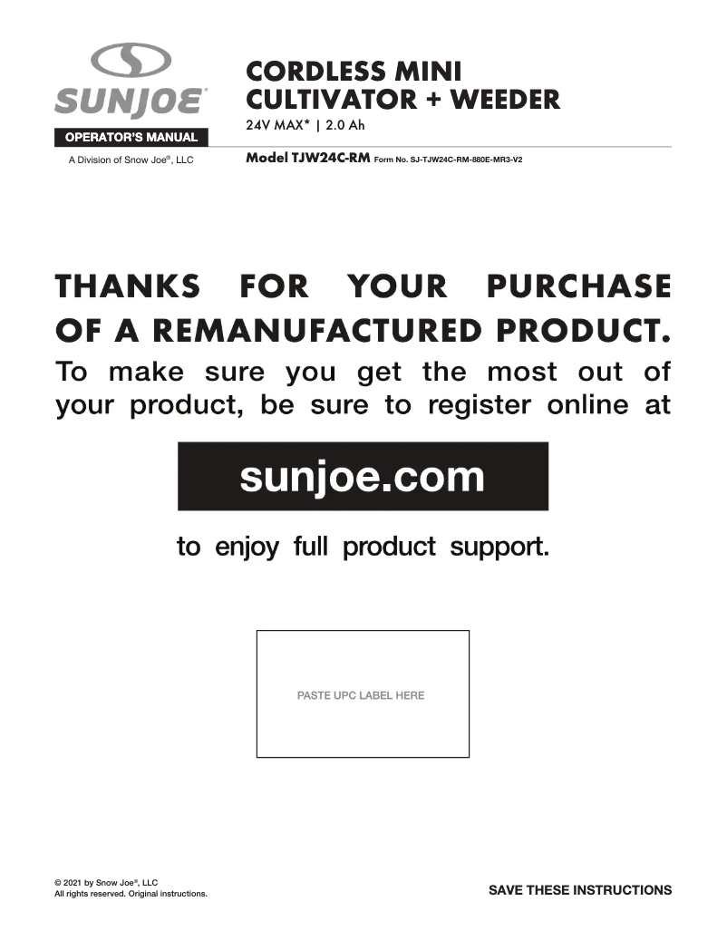 Page 1 de la notice Manuel utilisateur Sun Joe TJW24C-RM