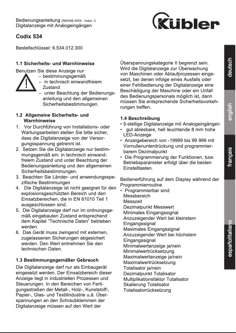 Page 1 de la notice Manuel utilisateur Kübler Codix 534