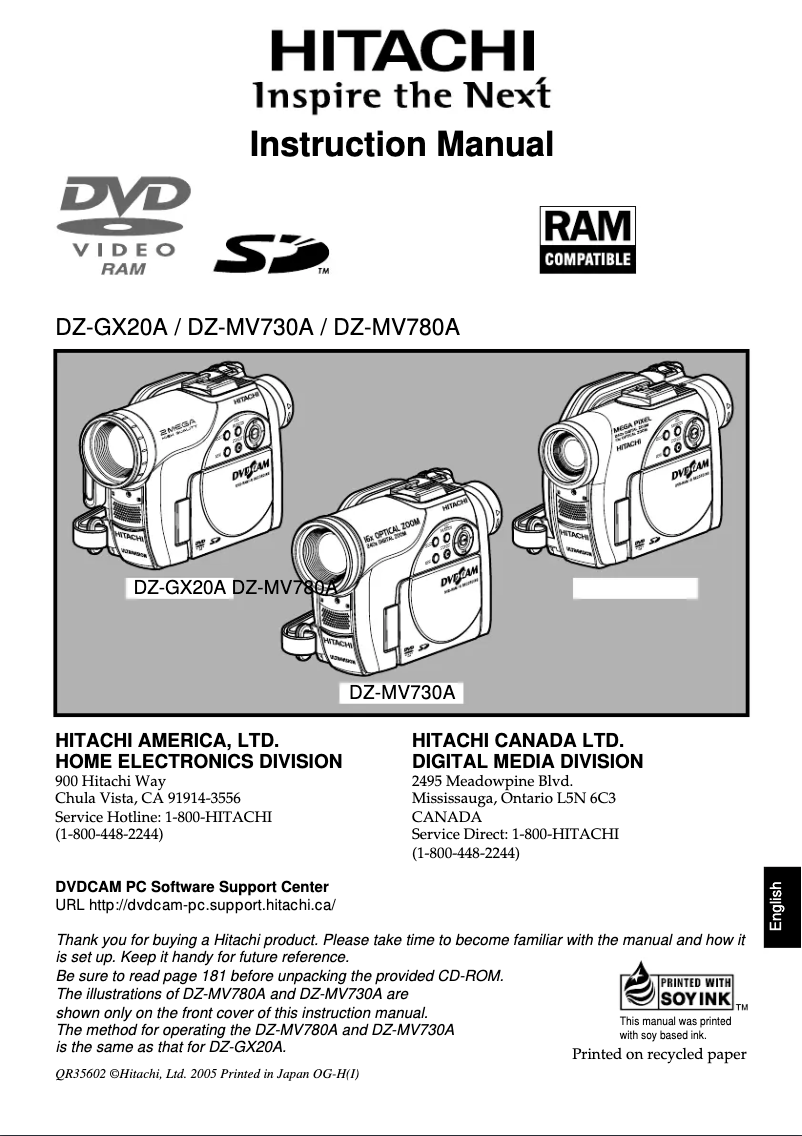 Image de la première page du manuel de l'appareil DZ-MV730A