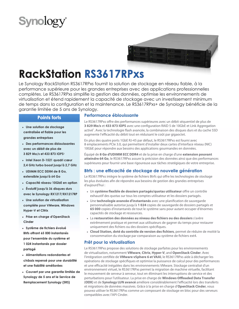 Page 1 de la notice Fiche technique Synology RS3617RPxs