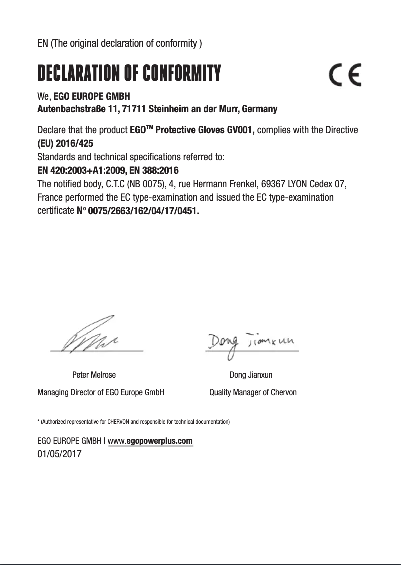 Page 1 de la notice Instructions de sécurité EGO GV001