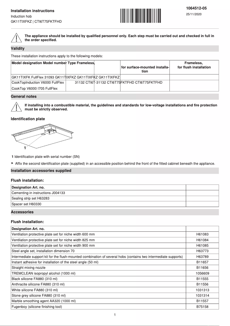 Page 1 de la notice Guide d'installation V-Zug CookTop V6000 I705 FullFlex