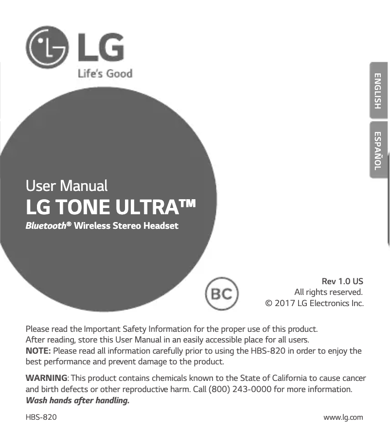 Page n°1 - Manuel utilisateur LG Tone Ultra HBS-820