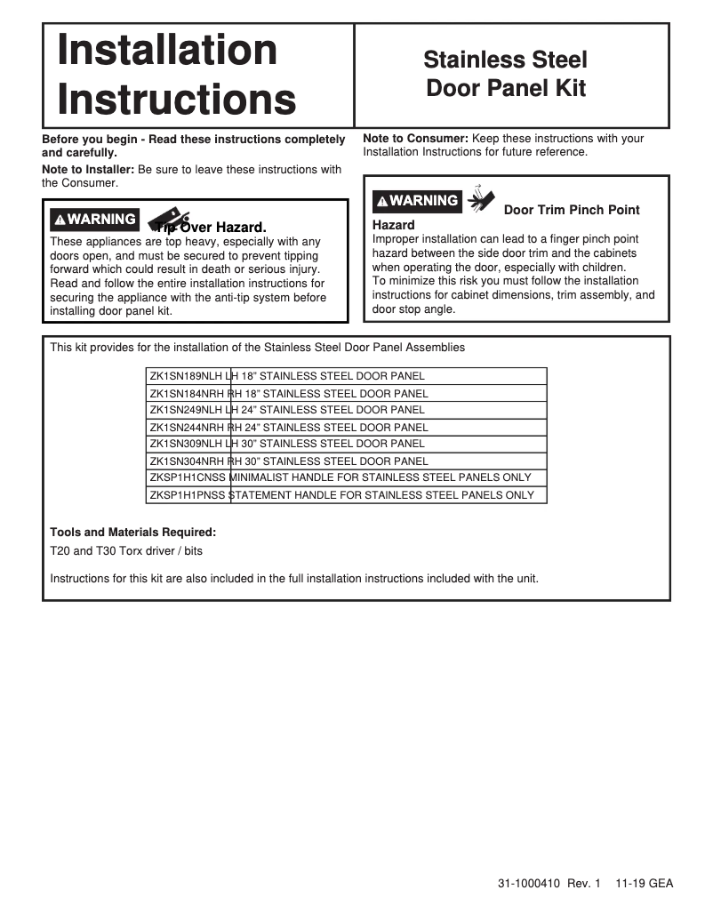 Page 1 de la notice Manuel utilisateur Monogram ZK1SN249NLH