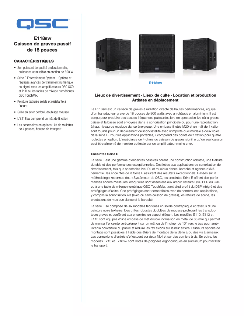 Page 1 de la notice Fiche technique QSC E118sw