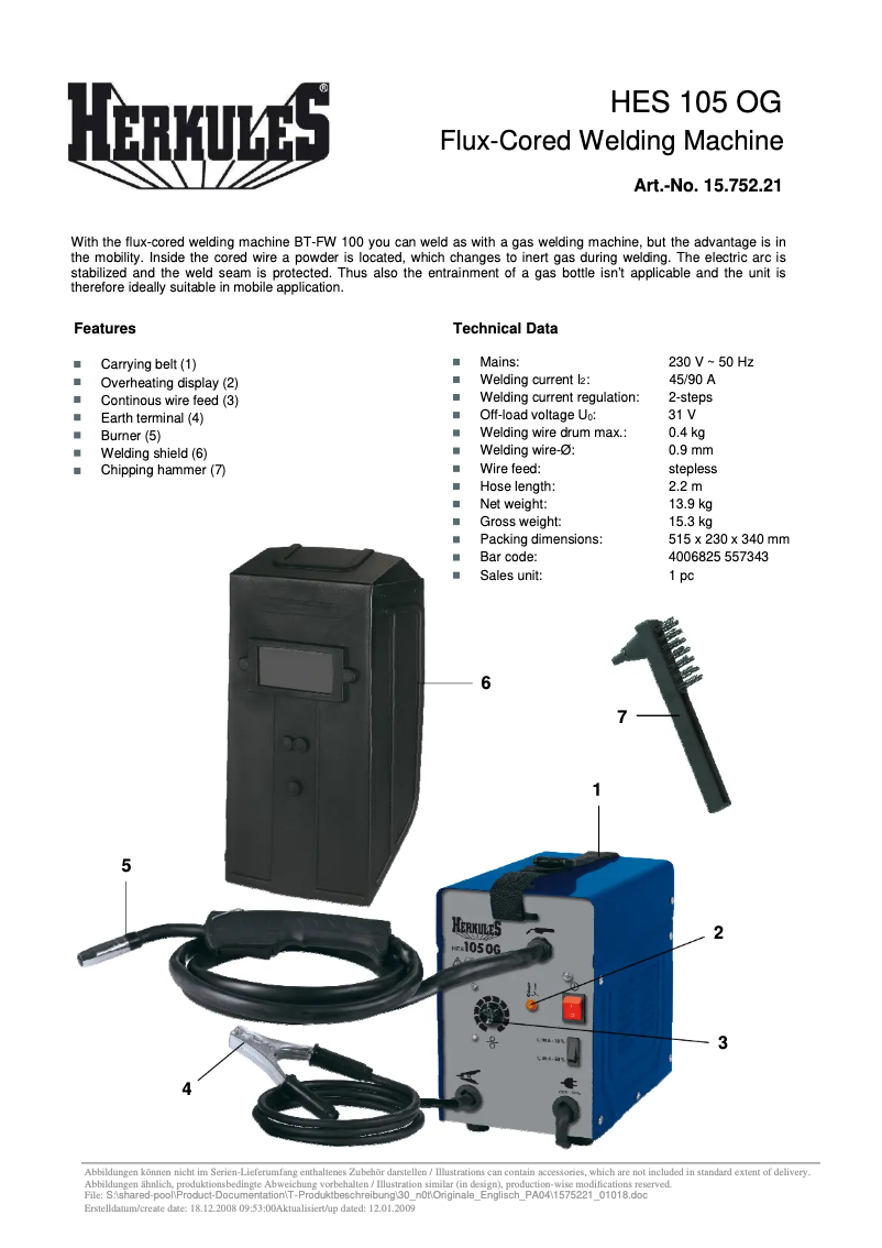 Página 1 del manual Ficha técnica Herkules HES 105 OG