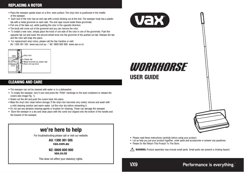 Page 1 de la notice Manuel utilisateur Vax Workhorse VX9