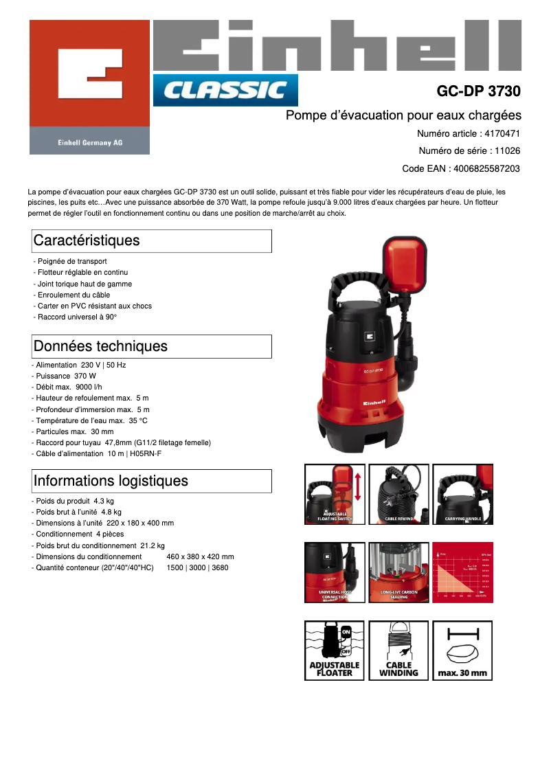 Page 1 de la notice Fiche technique Einhell GC-DP 3730
