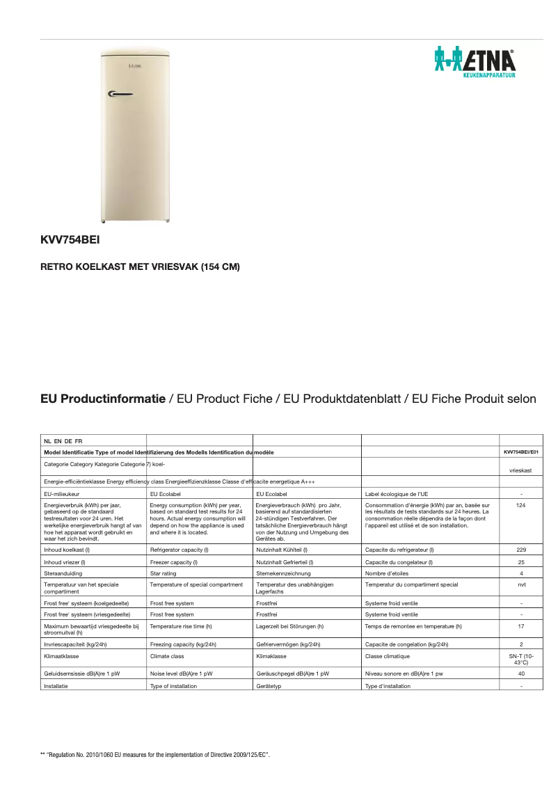 Page 1 de la notice Fiche technique Etna KVV754BEI