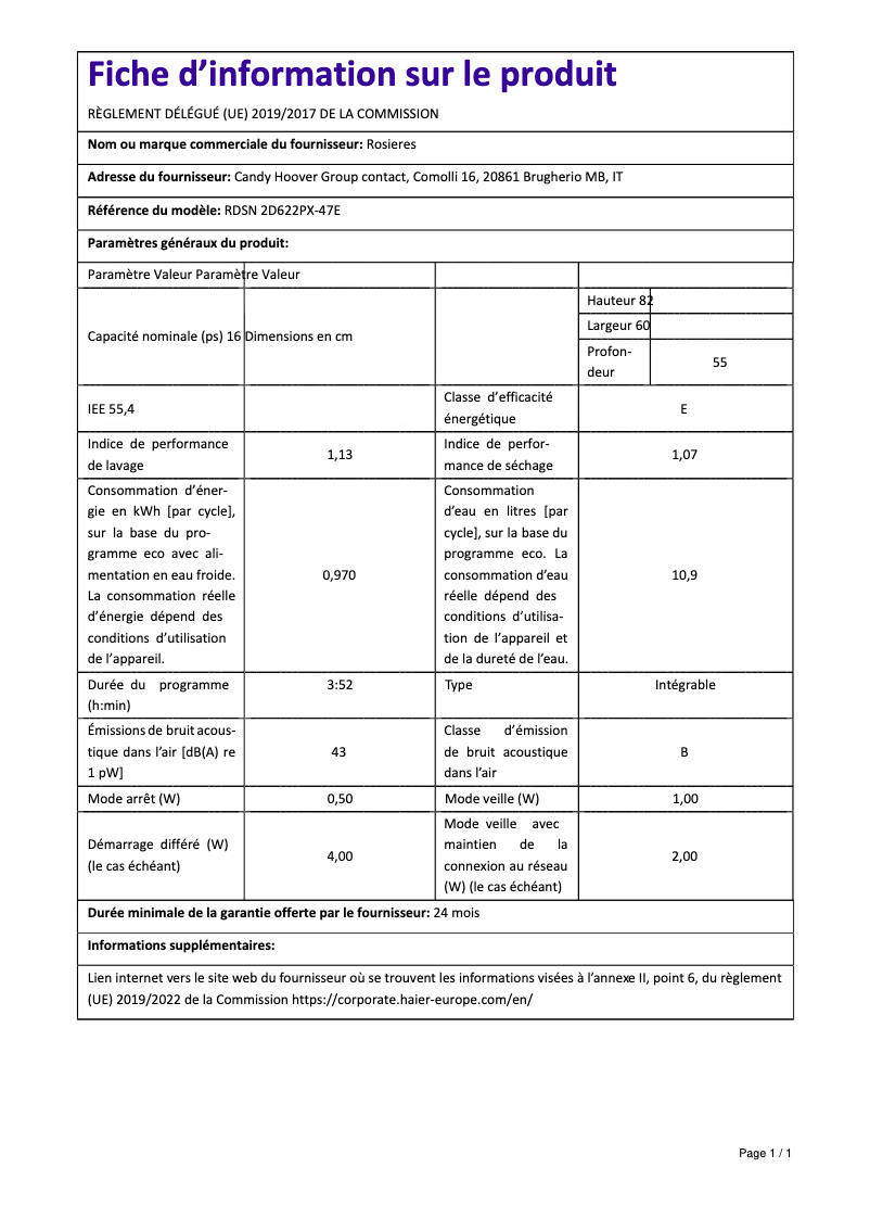 Page 1 de la notice Fiche technique Rosieres RDSN 2D622PXE