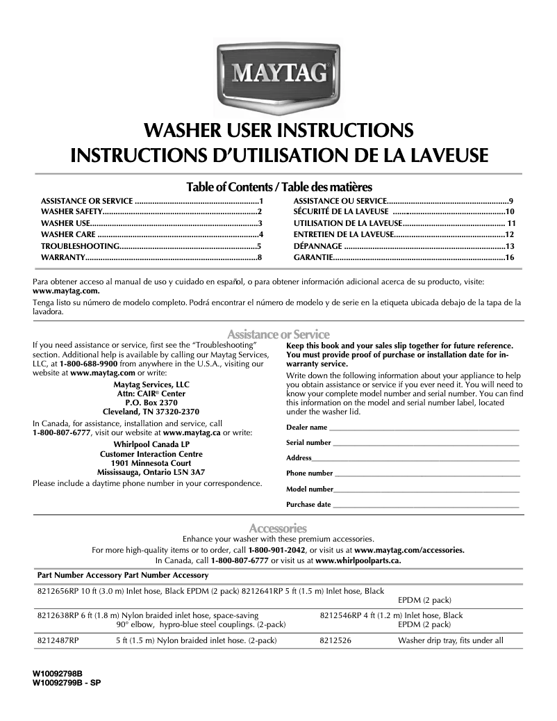 Page n°1 - Manuel utilisateur Maytag Centennial MVWC6ESWW