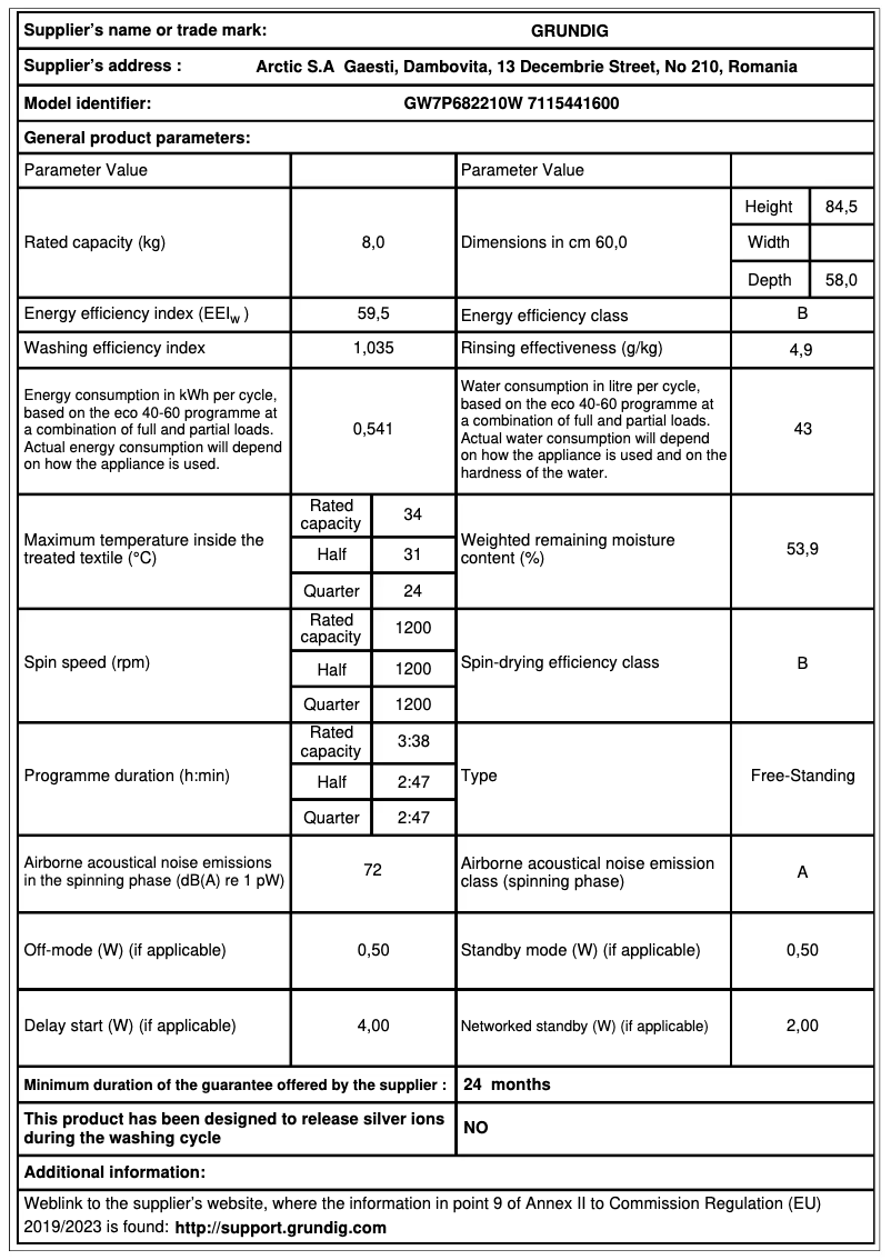 Page 1 de la notice Fiche technique Grundig GW7P682210W