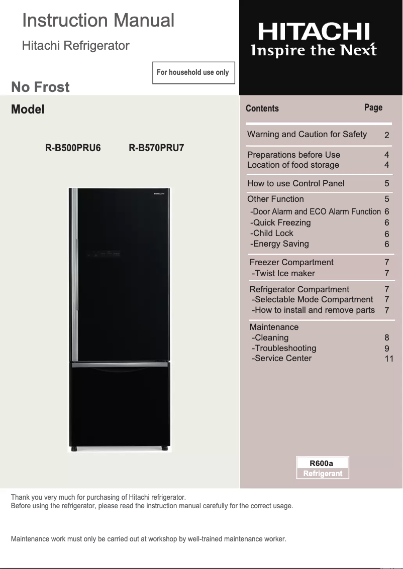 Page 1 de la notice Manuel utilisateur Hitachi R-B570PRU7