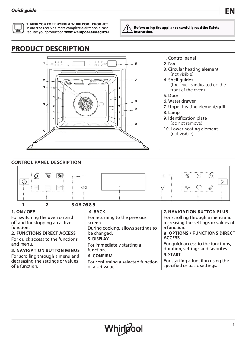 Page 1 de la notice Manuel d'utilisation et d'entretien Whirlpool W7I HF60 TU