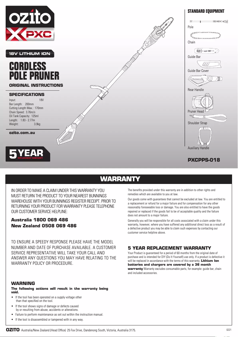 Page n°1 - Manuel utilisateur Ozito PXPPHTK-418
