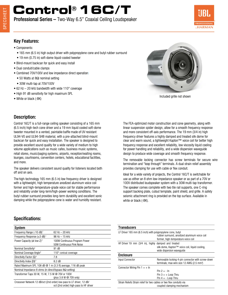 Page 1 de la notice Fiche technique JBL Control 16C/T