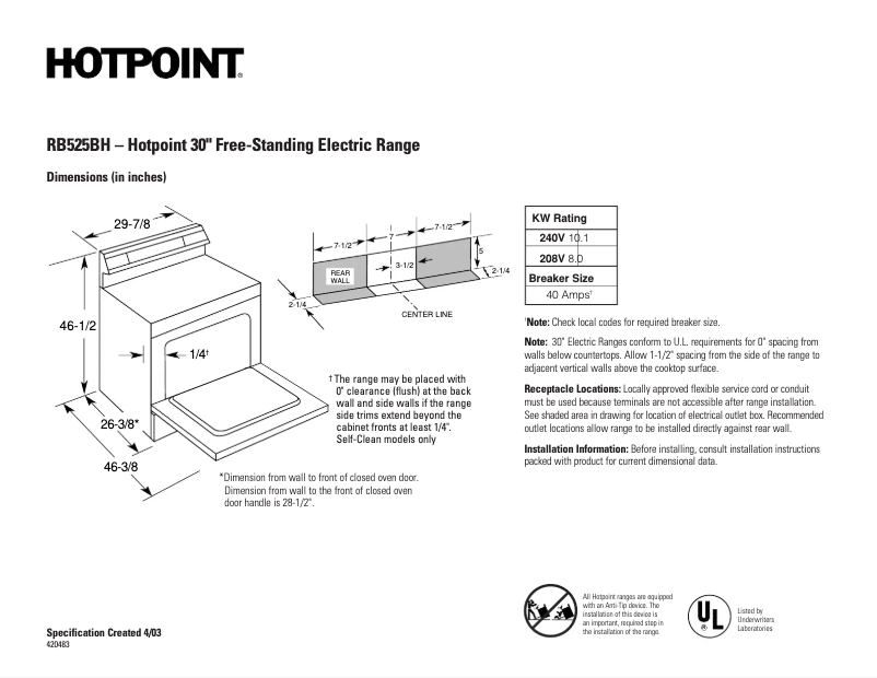 Page 1 de la notice Fiche technique Hotpoint RB525BHCT