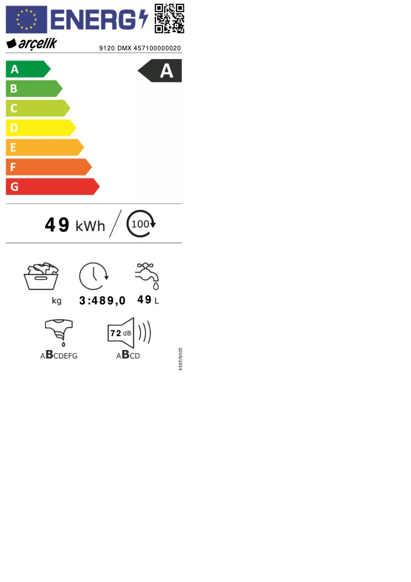 Page 1 de la notice Label énergétique Arçelik 9120 DMX