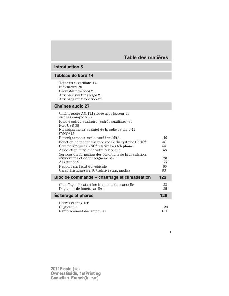 Image de la première page du manuel de l'appareil Fiesta (2011)