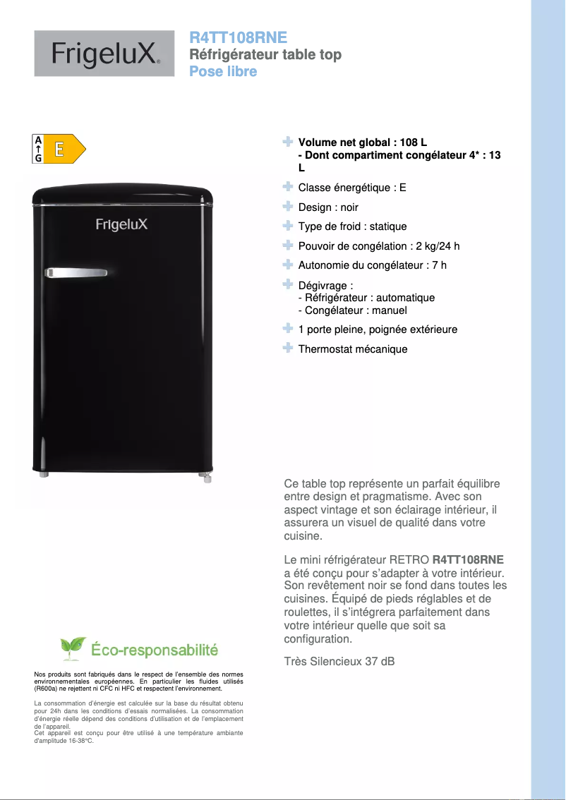 Page n°1 - Fiche technique FrigeluX R4TT108RNE
